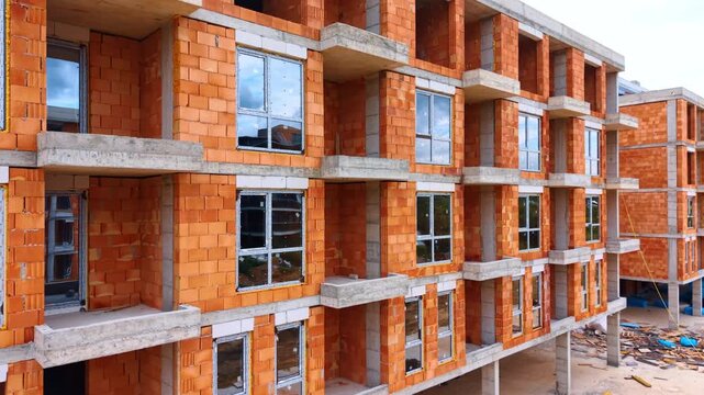 Residential building brick facade under construction close up view. Architectural shot of multi story house exterior with orange brick walls and installed double glazed windows.