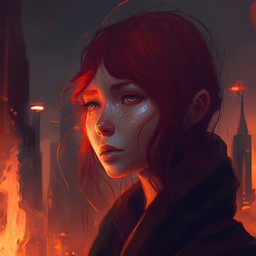 Dark red hair, D&D, attractive and slender, beautiful, pretty Asian woman.