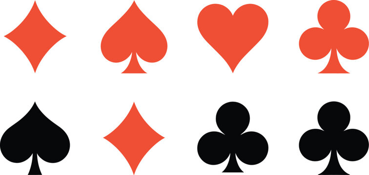 Card suit, symbol set vector, playing card icons with hearts diamonds clubs and spades for gaming and casino graphics.