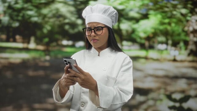 Hispanic woman chef in white jacket holds smartphone with both hands, scrolling and reading message in a forest; concentration.