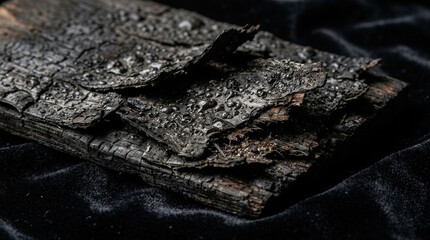 Close-up detailed texture of deeply scorched and burnt maple wood veneer with bubbling surface elements