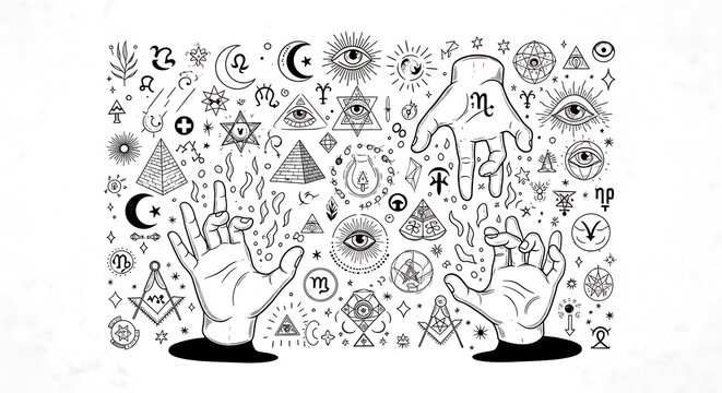 Collection of esoteric and mystical occult symbols with hands
