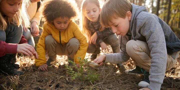 The children planting a tiny sapling together in a sunlit autumn forest clearing