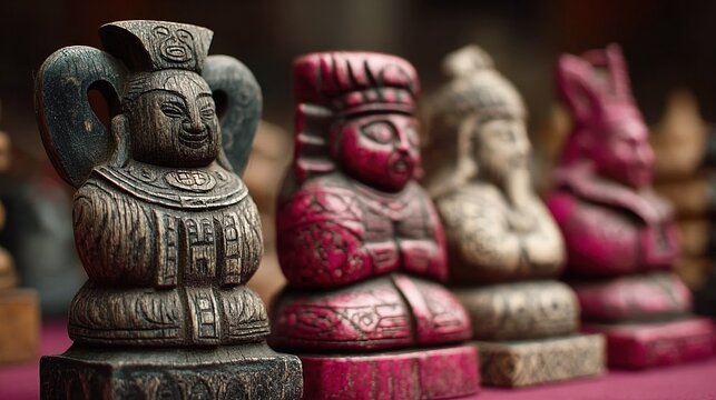伝統的な彫刻が施された木製と石製の像。宗教的な儀式や供養に使用される工芸品。骨董品の列