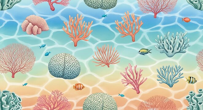 Colorful seamless pattern of underwater coral reef and tropical fish