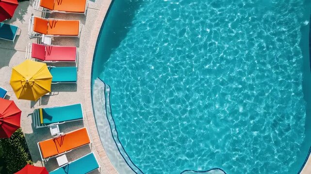 Colorful poolside lounge chairs and parasol by blue water on sunny day