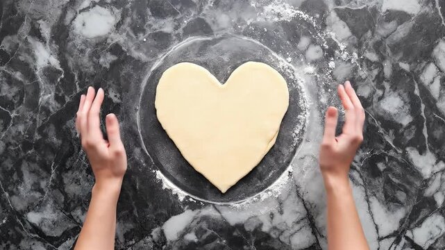 Hands shaping heart-shaped dough on a marble surface, creating a sweet treat.