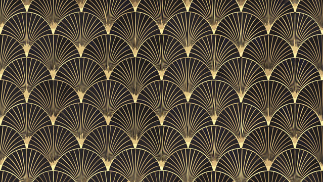 Geometric fan pattern with repeating arches a dark background and gold metallic accents art deco shape arch symmetrical black vector illustration