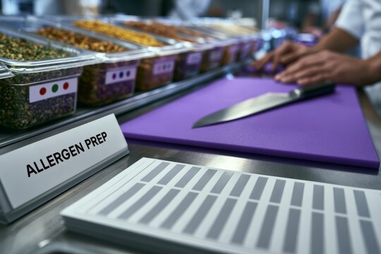 Allergen Safe Food Preparation Station with Purple Cutting Board in Commercial Kitchen