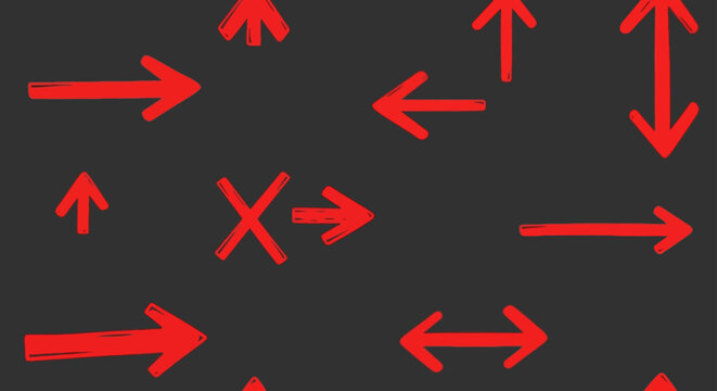 red arrows and an x mark indicating various directions and choices in a hand drawn pattern on a dark grey background.