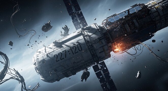 Dramatic explosion of a modular space station in orbit