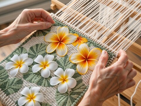 Hands weaving colorful exotic plumeria floral tapestry