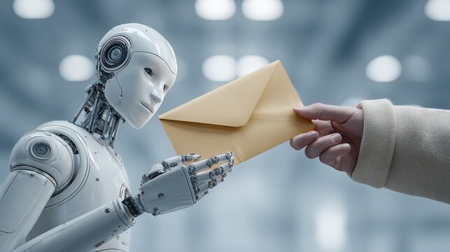The robot receives an envelope from a human hand. An android deliveryman picks up an envelope from a person. the concept of human-AI interaction, offline communication and message delivery.