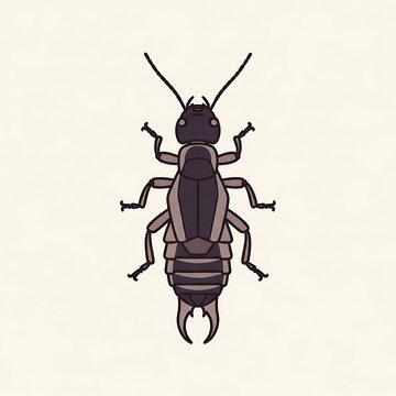 Top down illustration of a brown earwig insect on plain background