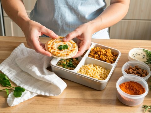 Woman preparing healthy lunch bento box for school