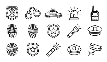 Police and Law Enforcement Line Icon Set with Officer Badge Handcuffs and Patrol Car Vector Collection © MdSakib