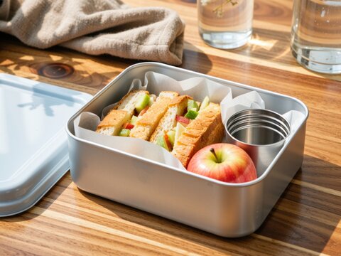 Preparing healthy school lunch in metal bento box