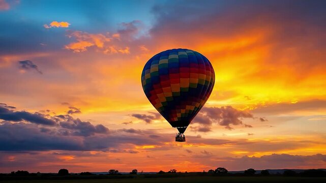 A colorful hot air balloon floats in a vibrant sunset sky.