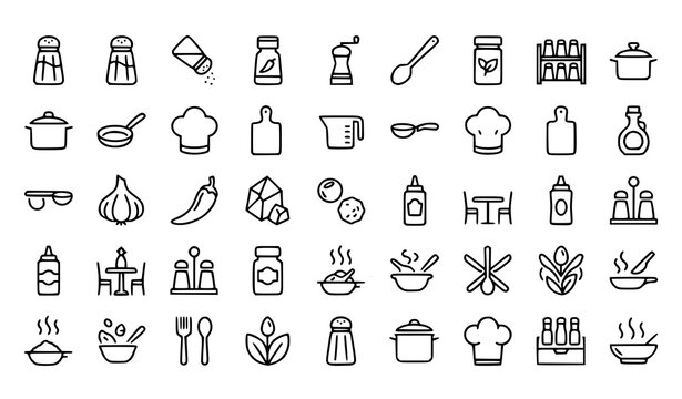 Salt and Pepper Shaker Thin Line Icon Set Kitchen Cooking Spice Vector