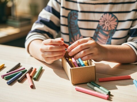 Child hands choosing colorful crayons for drawing activity