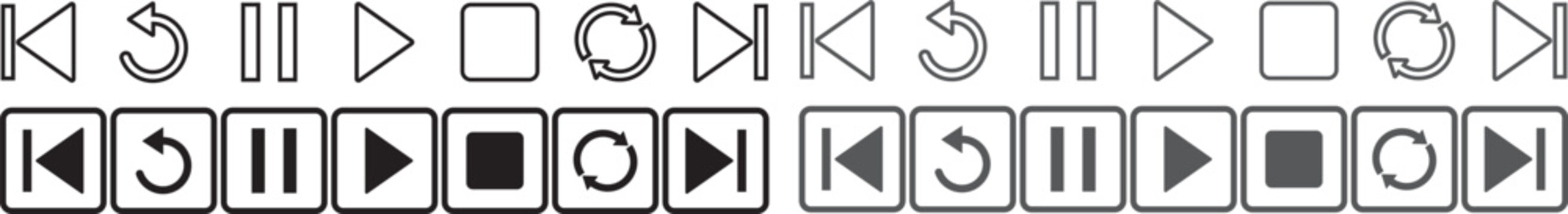 Black and white circular media control icons rewind pause play repeat fast forward rewind icon. Set of black and white circular media player interface icons. Minimalist media player icons set, black a