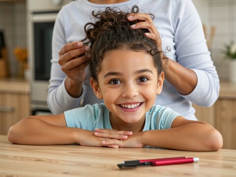 Happy little girl preparing for school getting hair done