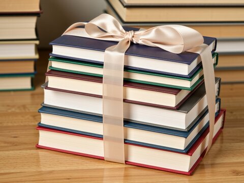 Stack of books wrapped with ribbon a gift of education