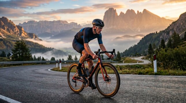 Cyclist riding on a winding mountain road at sunrise with dramatic peaks and clouds