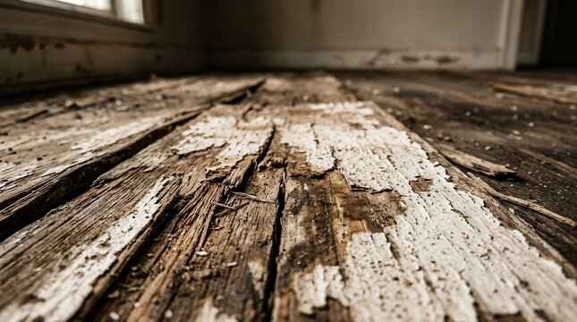 Close-up of dilapidated wood planks featuring peeling paint and water damage.