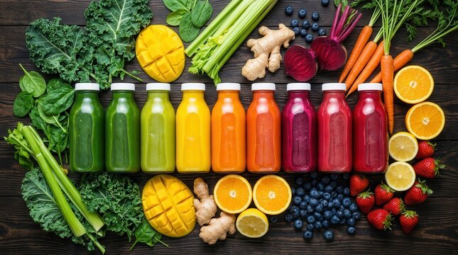 Healthy detox juices and fresh organic fruits arranged for a wellness concept.