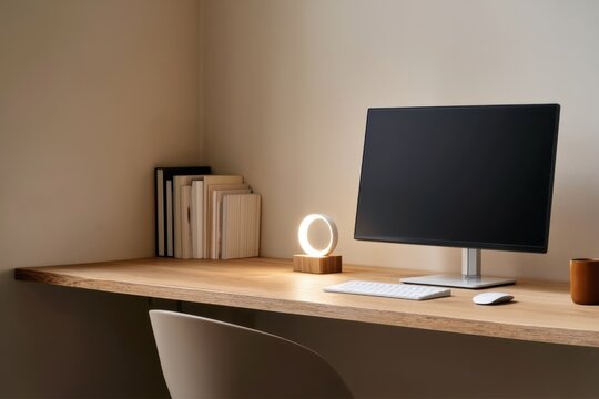 The Monitor on a Minimal Wooden Desk in a Warm Home Office Setting