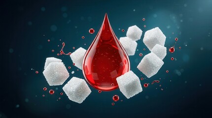 Fototapeta premium Blood sugar monitoring and diabetes management metaphor with sugar cubes and a red liquid drop.