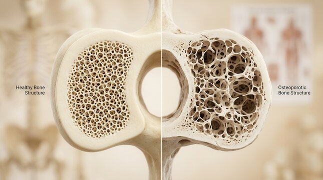 Visual representation of bone density showing healthy dense bone versus osteoporosis.