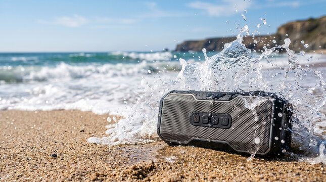 Waterproof portable speaker splashing in ocean waves on a sandy beach
