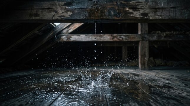 Roof damage causing water to leak and drip onto wooden attic floors.