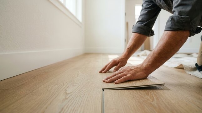 Renovation work featuring tool-free click joint lvp flooring installation by a person.