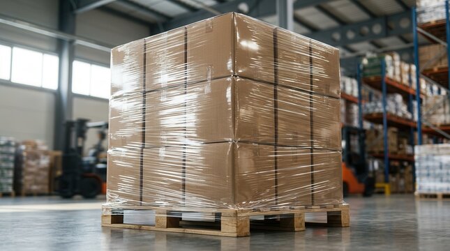 Industrial pallet wrapping with cardboard boxes and clear stretch film for safe logistics and transport.
