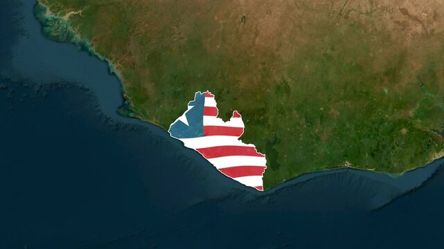 animated map of Liberia overlaid with its national flag in motion