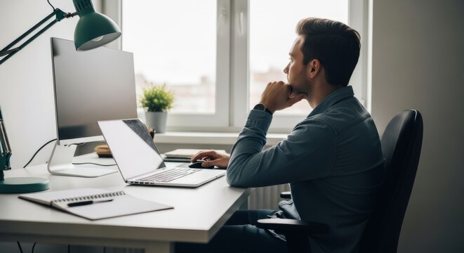 Man resting at desk while working on computer. Employee taking break for emotional regulation and mindfulness during work. Stress relief and pause concept in professional environment.