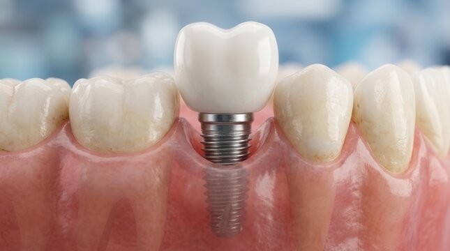 Detailed medical visualization of a dental implant with adjacent natural teeth for oral surgery.