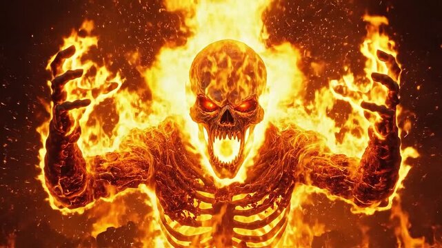 A terrifying skeleton engulfed in flames with glowing red eyes.