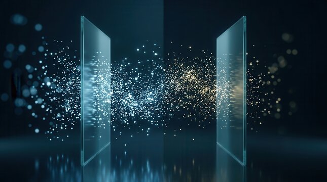 Conversion rate optimization and A/B testing experiment visualized through particle flow and split panels.