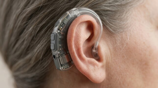 Medical close-up of a cochlear implant device for hearing loss and audiology assessment.