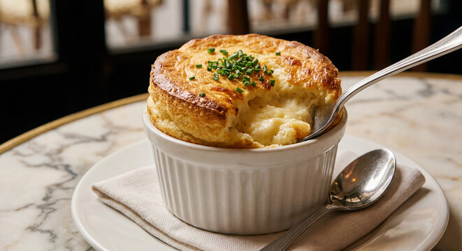 Classic French cheese souffle with chives in white ramekin on marble table in Parisian bistro setting