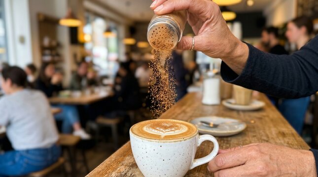 Barista adding cinnamon to latte art coffee in a cozy cafe with blurred background patrons