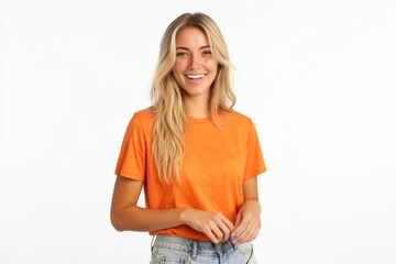 Fototapeta premium The Orange T-Shirted Woman Smiling in Casual Studio Portrait with Natural Light