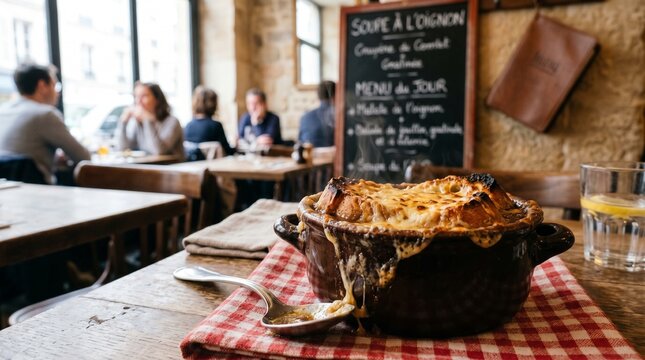 Delicious French onion soup with melted cheese and bread served in a rustic restaurant setting