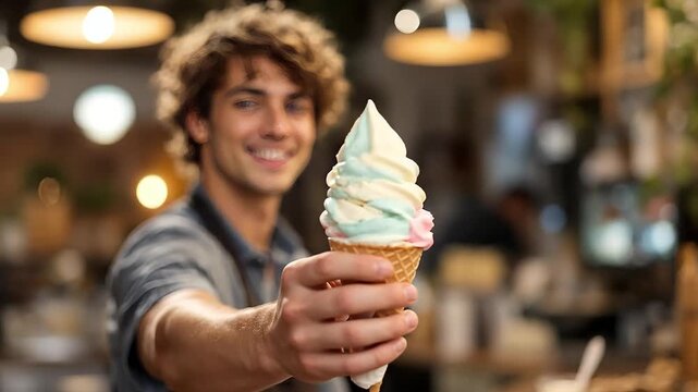 A smiling man holds out a colorful ice cream cone in a shop.