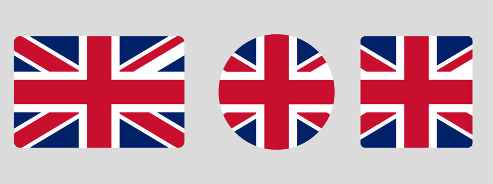 UK flag set. Set of flags in different shapes rectangle, circle, square vector