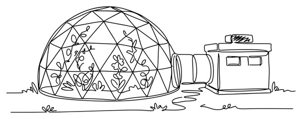 Geodesic dome greenhouse with plants and entrance building in line art style © AnjaliDesai